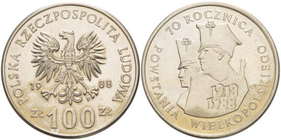 ПОЛЬША 100 ЗЛОТЫХ 1988 MW, 70 ЛЕТ ВЕЛИКОПОЛЬСКОГО ВОССТАНИЯ KM 182 медно-никель 4542-1032
