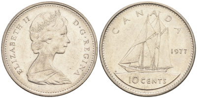 Канада 10 центов 1977 Елизавета II (1952-2022), парусник KM 77.1 никель  4147-349