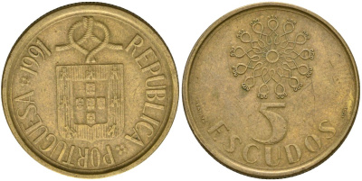 Португалия 5 эскудо 1991 KM 632 никель латунь 4573-1111