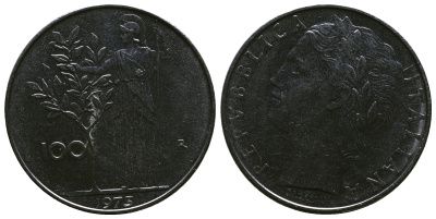 ИТАЛИЯ 100 ЛИР 1975 R, АФИНА KM 96.1 нержавеющая сталь 4384-944