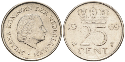 Нидерланды 25 центов 1969 Юлиана (1949-1980) KM 183 никель    4174-656