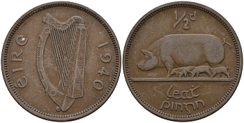 Ирландия 1/2 пенни 1940 свинья с поросятами KM 10 бронза 4146-535