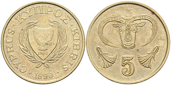 Кипр 5 центов 1990 голова быка KM 55.2 никель латунь    4595-932