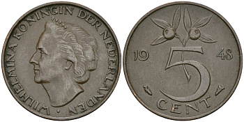 Нидерланды 5 центов 1948 Вильгельмина (1890-1948) KM 176 бронза 4579-616