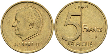 Бельгия 5 франков 1994 Belgique KM 189 алюминиевая бронза 4126-315