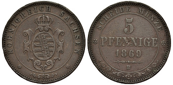 Саксония 5 пфеннигов 1869 В, Йоханн (1854-1873) KM 1219 медь 413-6043