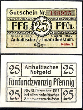 Анхальт 25 пфеннигов 1920 Mehl Grabowski A17.4a бумага UNC (пресс) 7556-44-4-2