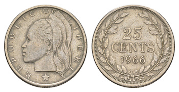 Либерия 25 центов 1966 KM 16a.1 медно-никель 4605-855