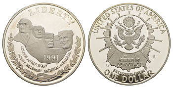 США 1 доллар 1991 S, 50 лет мемориалу президентов, гора Рашмор KM 229 серебро  PROOF  1091-10-41