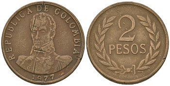 Колумбия 2 песо 1977 Симон Боливар KM 263 бронза 4641-446