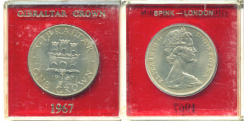 Гибралтар 1 крона 1967 Елизавета II (1952-2022), старый замок, в оригинальной пластиковой коробке, первый год чекана KM 4 медно-никель UNC 6-6-1-3
