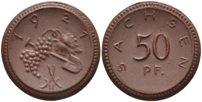Саксония 50 пфеннигов 1921 виноград и лопата J. N 54 фарфор 1094-5-74