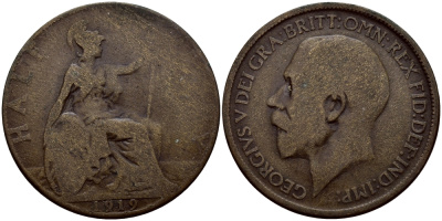 Великобритания 1/2 пенни 1919 Георг V (1910-1936) KM 809, Spink 4056 бронза 51-832