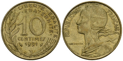 Франция 10 сантимов 1991 тип Marianne KM 929 алюминиевая бронза 4136-431