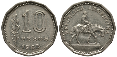Аргентина 10 песо 1963 Гаучо KM 60 никелированная сталь 4182-512
