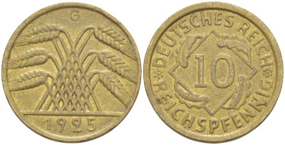 ГЕРМАНИЯ 10 РЕЙХСПФЕННИГОВ 1925 G KM 40, J. 317, Weege 9 алюминиевая бронза 212-754