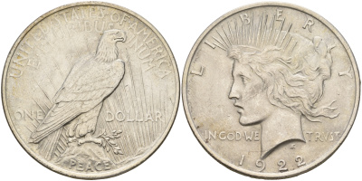 США 1 доллар 1922 доллар мира KM 150 серебро aUNC 00-00