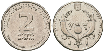 Израиль 2 новых шекеля 2008 JE 5768 KM 433 сталь плакированная никелем aUNC 4606-956