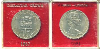 Гибралтар 1 крона 1967 Елизавета II (1952-2022), старый замок, в оригинальной пластиковой коробке, первый год чекана KM 4 медно-никель UNC 6-6-1-3