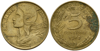 Франция 5 сантимов 1975 KM 933 алюминиевая бронза 4154-1059