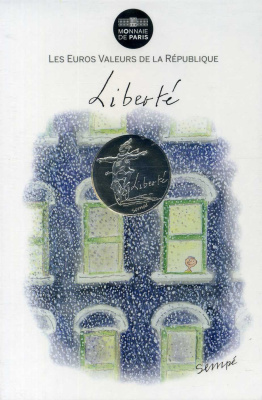 Франция 10 евро 2014 карикатуры Жан-Жака Сампе, зима-свобода, человек в шарфе на велосипеде, в оригинальном буклете KM NEW серебро UNC 1-4-3-05