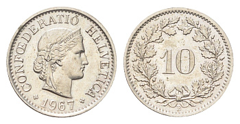 Швейцария 10 раппенов 1967 B KM 27 медно-никель 4708-216