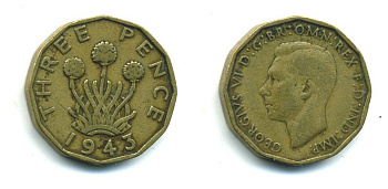 Великобритания 3 пенса 1943 Георг VI (1936-1952) KM 849, Spink 4112 никель латунь 540-243