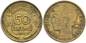 Франция 50 сантимов 1931 KM 894.1, Le Franc 192.15 алюминиевая бронза 4596-734