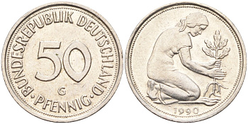 ФРГ 50 пфеннигов 1990 G KM 109, J. 384 медно-никель 4132-1212