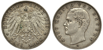 Бавария 3 марки 1910 Отто (1886-1913) Weege 45, J. 47, KM 515 серебро 413-912