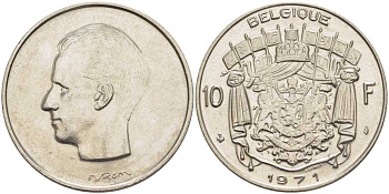 Бельгия 10 франков 1971 Belgique, Бодуэн I (1951-1993) KM 155.1 никель 38-643