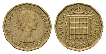 Великобритания 3 пенса 1964 Елизавета II (1952-2022) KM 900, Spink 4153 никель латунь 4671-1153