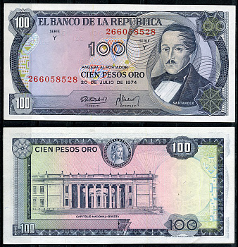 Колумбия 100 песо 1974 генерал Франсиско де Паула Сантандер, герой освободительной войны Pick 415  бумага  UNC (пресс) 7219-8-3-1