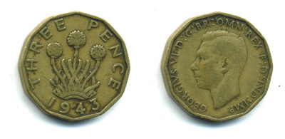 Великобритания 3 пенса 1943 Георг VI (1936-1952) KM 849, Spink 4112 никель латунь 540-243