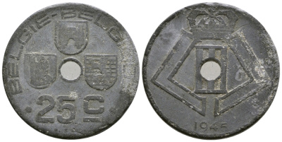 Бельгия 25 сантимов 1945 Belgie-Belgique, Леопольд III (1934-1947), германская оккупация KM 132 цинк 177-1031