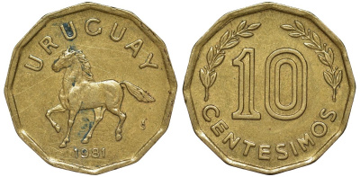 Уругвай 10 сентесимо 1981 KM 66 алюминиевая бронза 4169-466