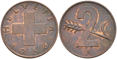 Швейцария 2 раппена 1963 В KM 47 бронза 4591-1236