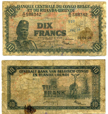 Бельгийское Конго 10 франков 1958 1 апреля 1958, Солдат "Общественных сил" (Аскари), антилопа Pick 30 b бумага 2119-7-2-1