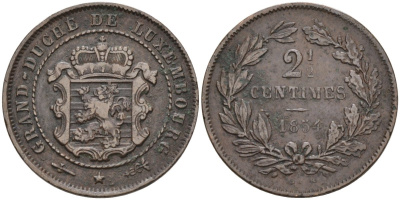 Люксембург 2 1/2 сантима 1854 Виллем III (1849-1890) KM 21 бронза 4575-717