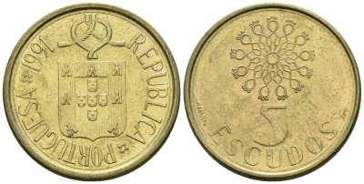 Португалия 5 эскудо 1991 KM 632 никель латунь 4148-457