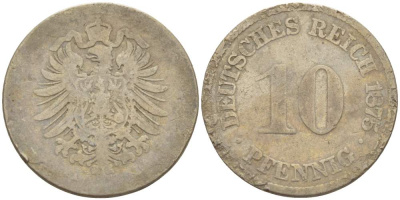 ГЕРМАНИЯ 10 ПФЕННИГОВ 1875 А, СТАРОГЕРБОВКА KM 4, J. 4 медно-никель 4523-256