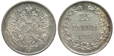 Россия для Финляндии 25 пенни 1916 S, Николай II (1894-1917) KM 6.2, Биткин 421 серебро 75-1256