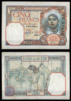 Тунис 5 франков 1941 Pick 8 c бумага 7214-46-4-1