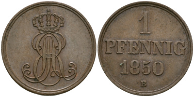 Ганновер 1 пфенниг 1850 B, Эрнст Август (1837-1851) KM 201.1, AKS 129, J. 74 медь 4608-1058