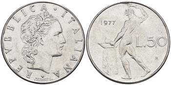 Италия 50 лир 1977 R, Бог огня Вулкан у наковальни KM 95.1 нержавеющая сталь 4525-833
