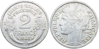 ФРАНЦИЯ 2 ФРАНКА 1946 B KM 886a.2 алюминий 4389-1046