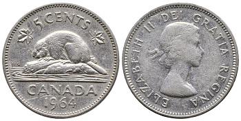 КАНАДА 5 ЦЕНТОВ 1964 ЕЛИЗАВЕТА II, БОБЕР KM 57 никель 4364-2331