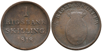 ДАНИЯ 1 РИГСБАНКСКИЛЛИНГ 1818 KM 688 (С101) медь 32-333