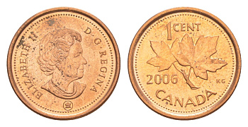 Канада 1 цент 2006 Елизавета II, кленовый лист KM 490a сталь плакированная медью UNC 4647-1021