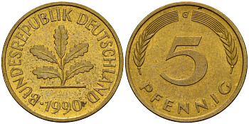 ФРГ 5 пфеннигов 1990 G J.382, KM 107 сталь плакированная латунью    4598-1066